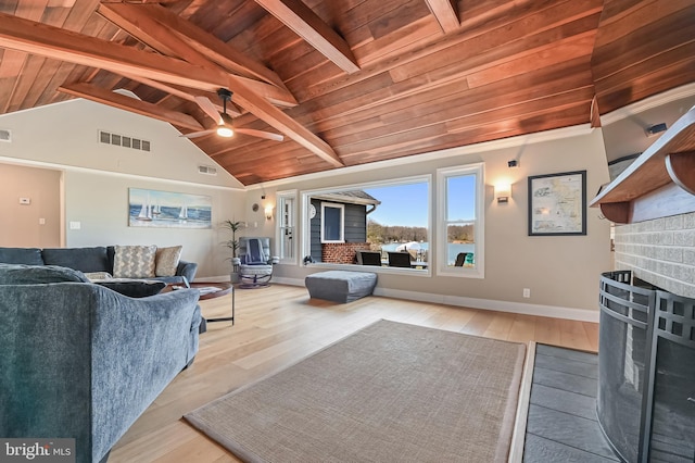 living room with visible vents, wood finished floors, wooden ceiling, and a fireplace