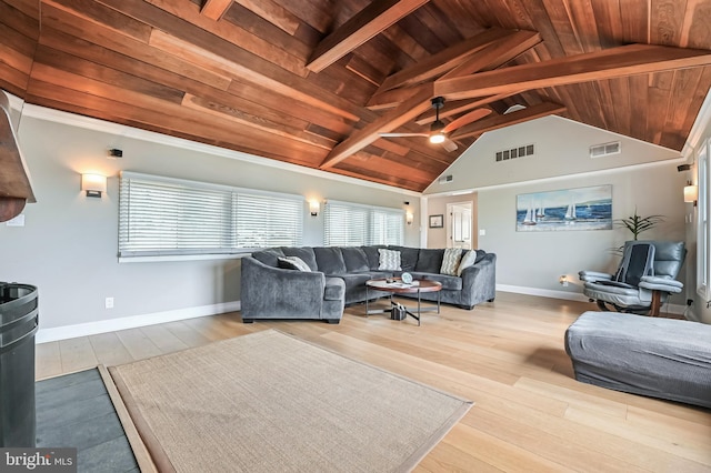 living room featuring visible vents, vaulted ceiling with beams, baseboards, wood ceiling, and wood finished floors