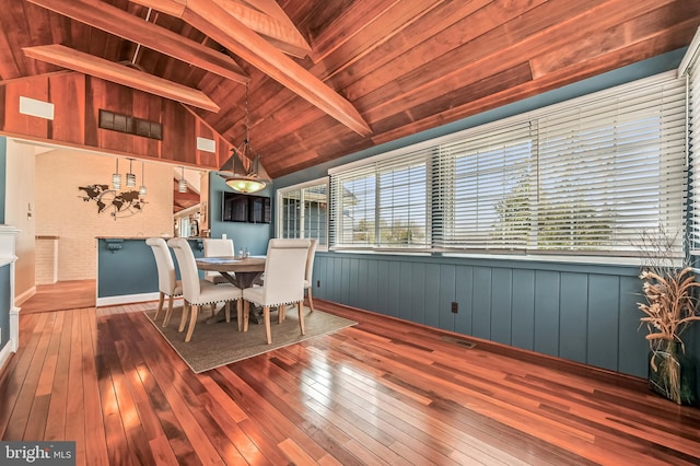 dining area with visible vents, wooden ceiling, lofted ceiling with beams, and hardwood / wood-style floors