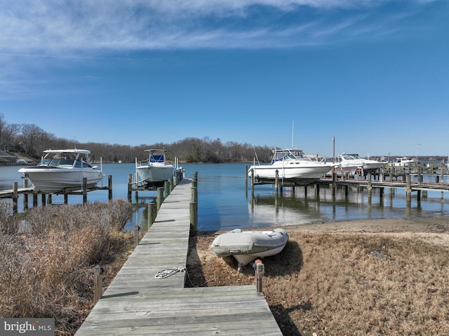 view of dock with a water view and boat lift