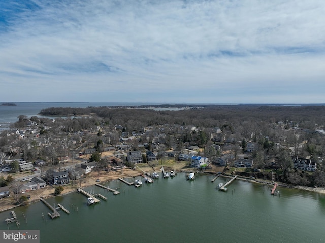 drone / aerial view featuring a water view