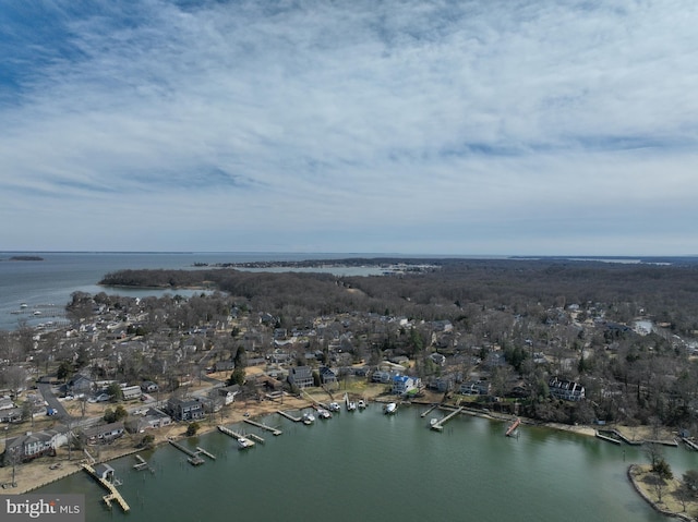 drone / aerial view with a water view