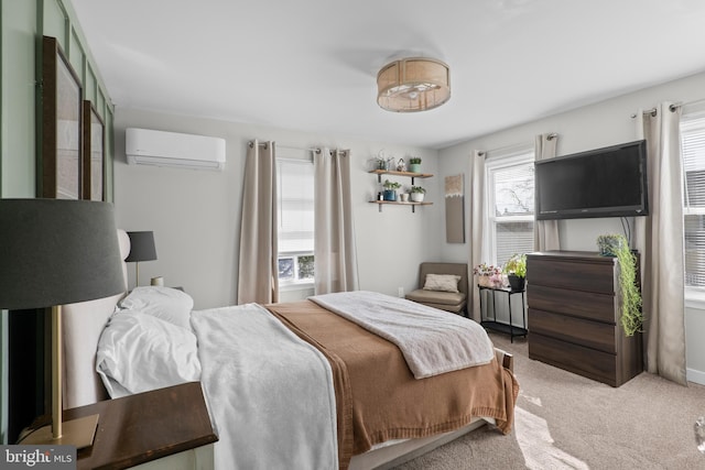 bedroom with carpet and an AC wall unit