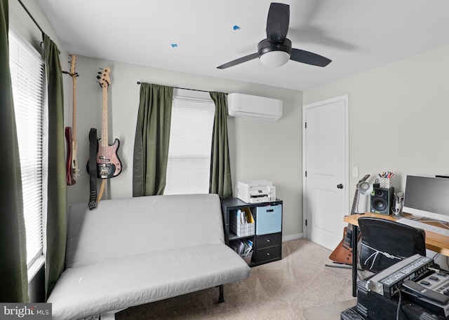 home office with baseboards, carpet floors, an AC wall unit, and ceiling fan