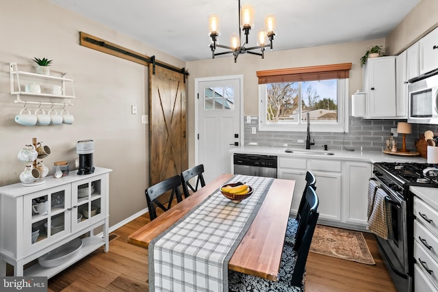 kitchen featuring a barn door, wood finished floors, appliances with stainless steel finishes, and a sink