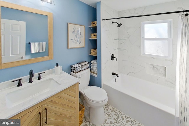 bathroom with vanity, toilet, and shower / bath combo with shower curtain