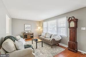 living room with baseboards and wood finished floors