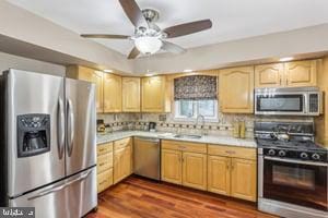 kitchen featuring dark wood-type flooring, light brown cabinets, tasteful backsplash, appliances with stainless steel finishes, and light countertops