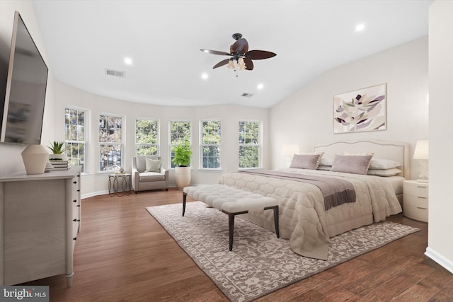 bedroom featuring visible vents, dark wood-type flooring, recessed lighting, baseboards, and vaulted ceiling