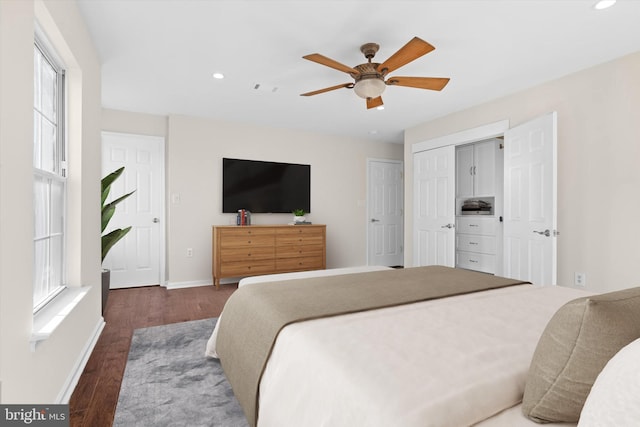 bedroom with recessed lighting, a ceiling fan, baseboards, and wood finished floors