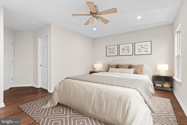 bedroom featuring recessed lighting, wood finished floors, baseboards, and ceiling fan