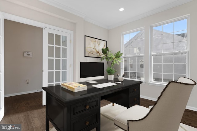 office space featuring recessed lighting, dark wood-style floors, baseboards, and ornamental molding