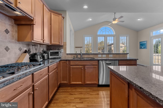 kitchen with backsplash, dark stone counters, light wood-style flooring, appliances with stainless steel finishes, and a sink