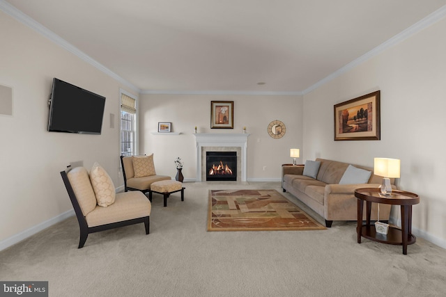 carpeted living room with baseboards, ornamental molding, and a tile fireplace