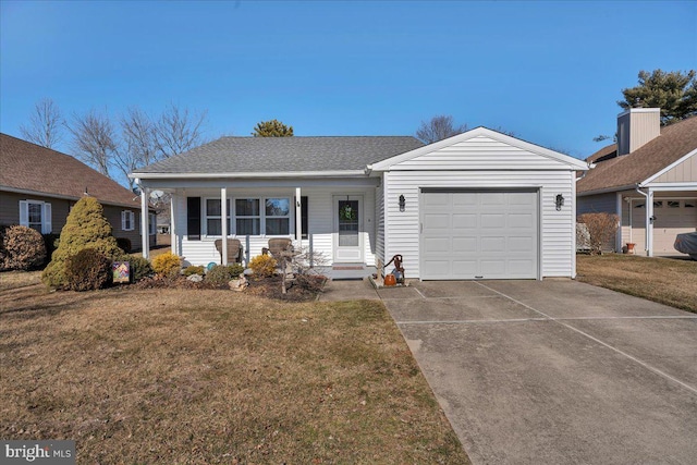 single story home with an attached garage, concrete driveway, a front lawn, and a shingled roof