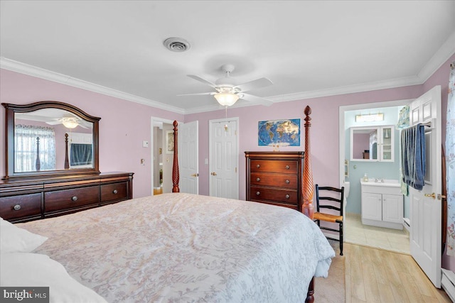 bedroom with light wood finished floors, visible vents, a ceiling fan, and ornamental molding