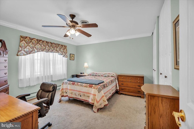 bedroom featuring light carpet, a ceiling fan, and crown molding