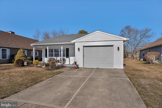 ranch-style house with a garage, driveway, a shingled roof, and a front lawn