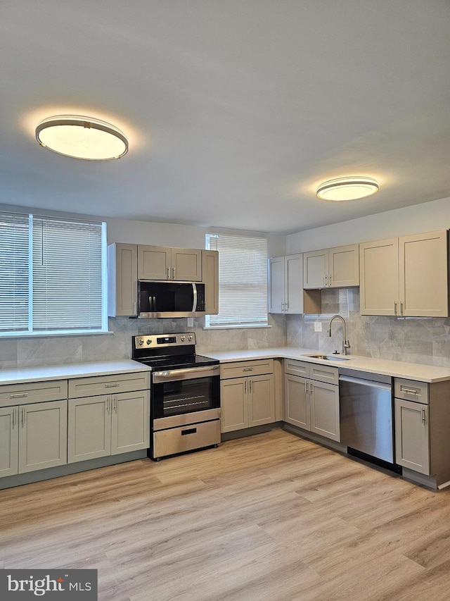 kitchen with light wood finished floors, tasteful backsplash, gray cabinetry, appliances with stainless steel finishes, and a sink