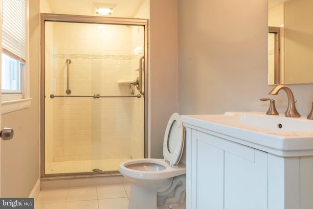 bathroom featuring vanity, toilet, a shower stall, and tile patterned flooring