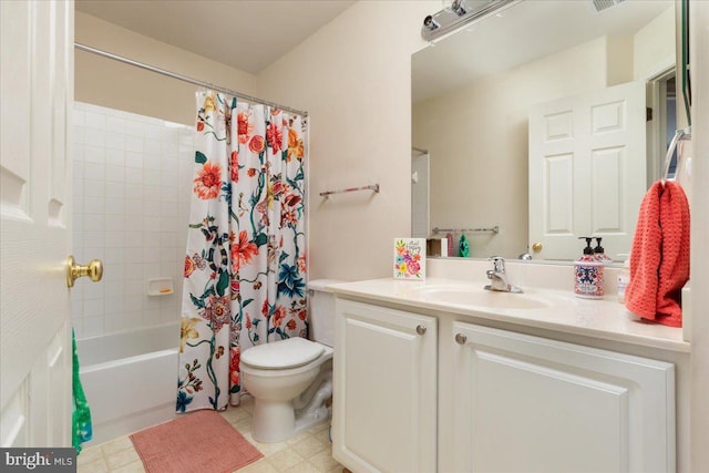 full bathroom with vanity, toilet, and shower / bathtub combination with curtain