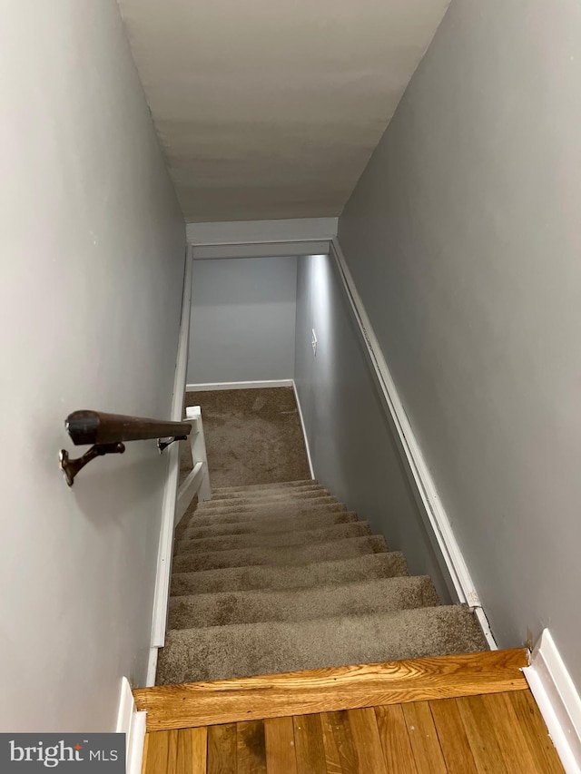 staircase with carpet flooring and baseboards