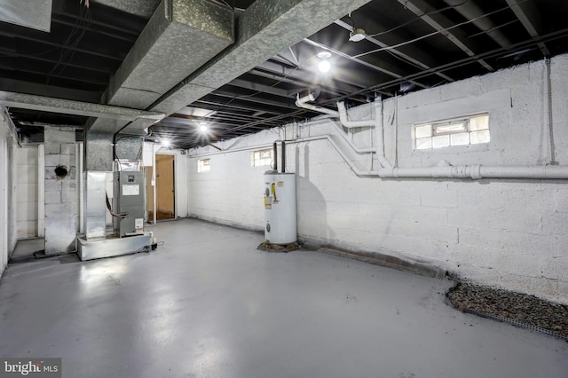 basement with heating unit and water heater