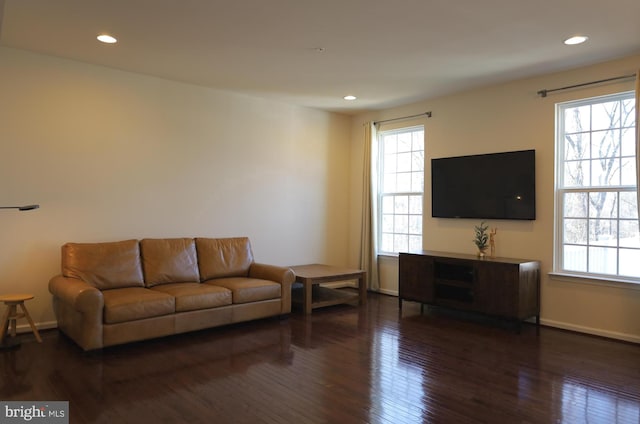 living room with recessed lighting, baseboards, and wood finished floors