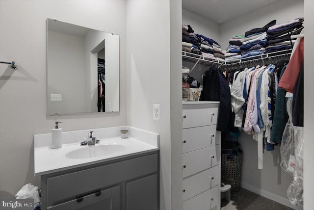 bathroom featuring a spacious closet and vanity