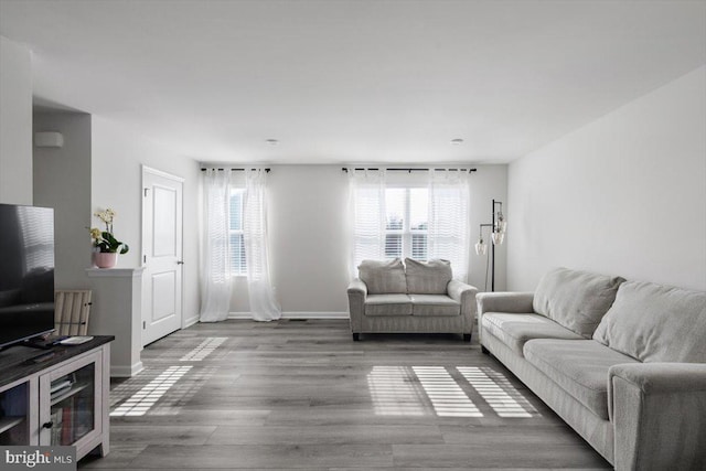 living room featuring a wealth of natural light, baseboards, and wood finished floors