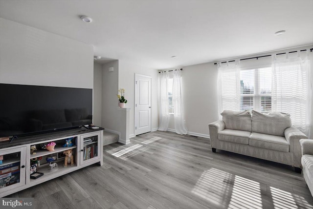 living area featuring baseboards and wood finished floors