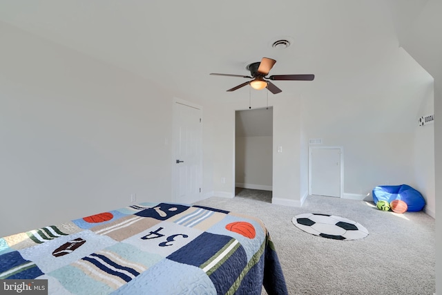 bedroom featuring visible vents, ceiling fan, baseboards, and carpet