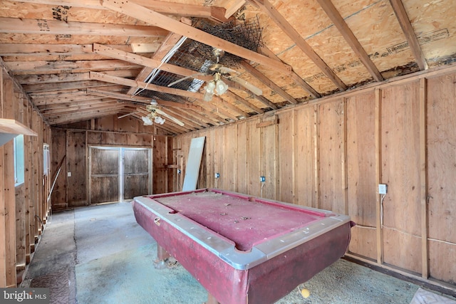 rec room with pool table, lofted ceiling, and a ceiling fan