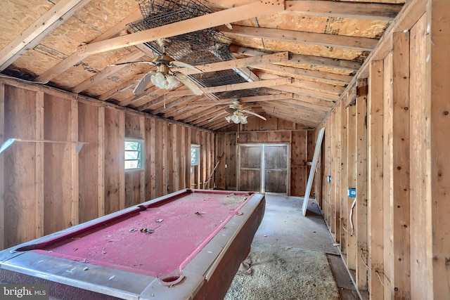 game room featuring lofted ceiling, ceiling fan, and billiards