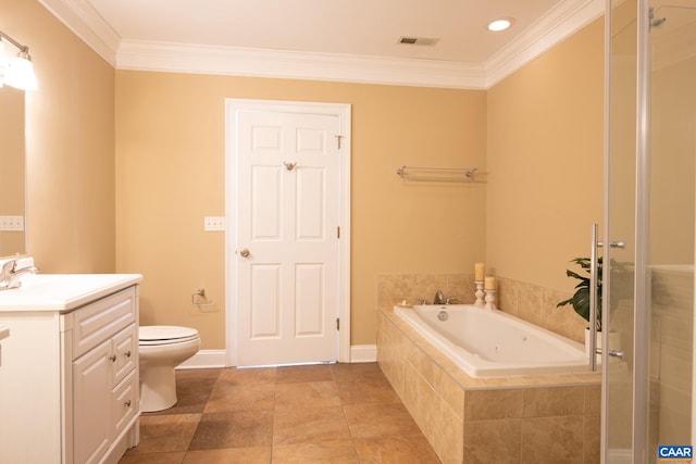 bathroom featuring visible vents, a bath, vanity, and ornamental molding