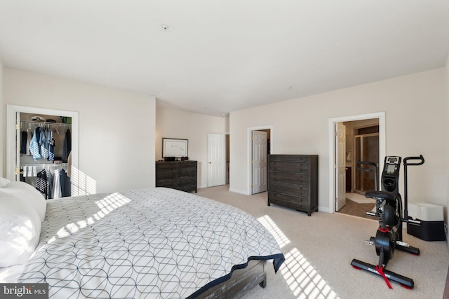 bedroom featuring light carpet