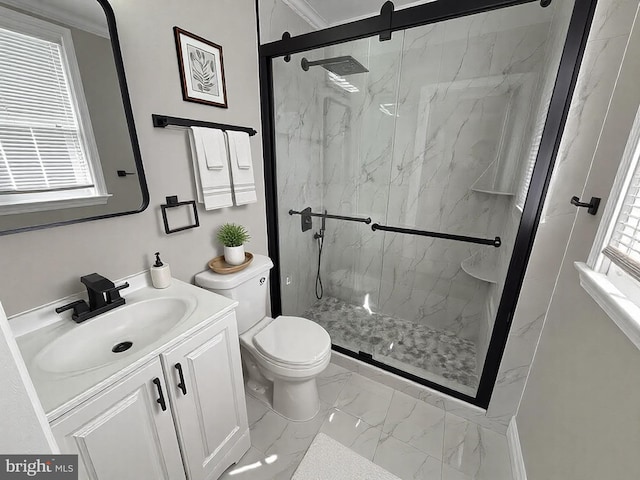 full bathroom featuring a marble finish shower, toilet, marble finish floor, and vanity