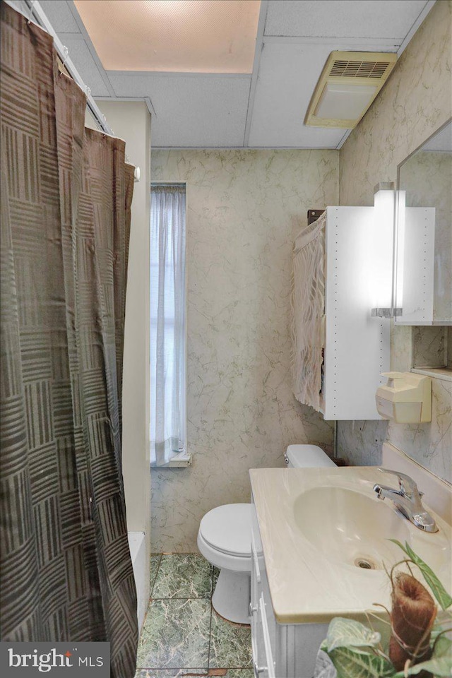 full bathroom featuring curtained shower, toilet, and vanity