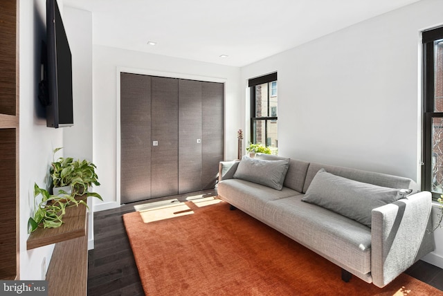 living room featuring baseboards and dark wood-style flooring