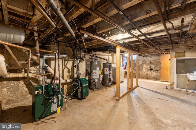 unfinished basement with a heating unit and water heater