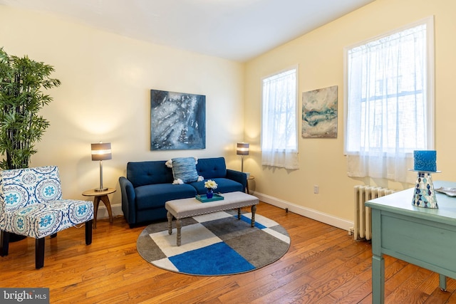 living area featuring a wealth of natural light, radiator heating unit, and hardwood / wood-style flooring