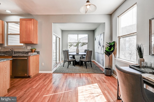 kitchen featuring baseboards, a sink, dishwasher, decorative light fixtures, and light wood-type flooring