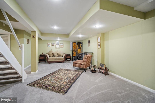 interior space featuring stairs, baseboards, and carpet flooring