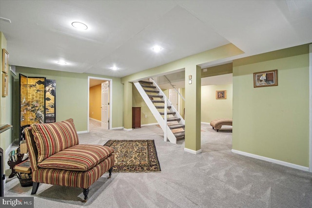 living area featuring recessed lighting, stairs, baseboards, and carpet floors