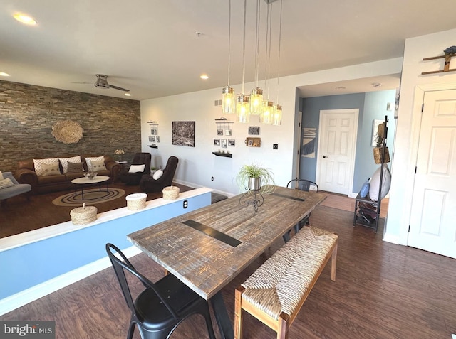 dining room with recessed lighting, baseboards, a ceiling fan, and wood finished floors