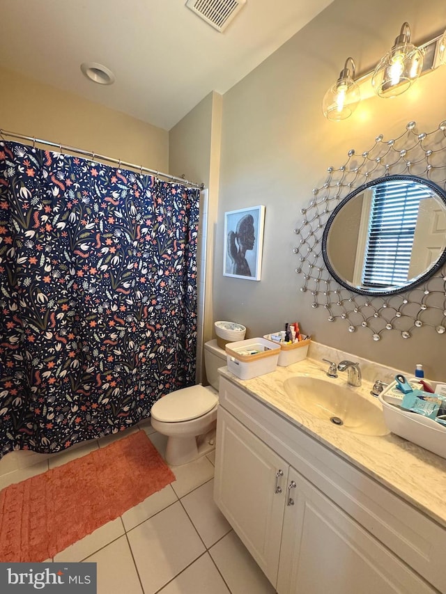 full bathroom with tile patterned floors, visible vents, toilet, and vanity