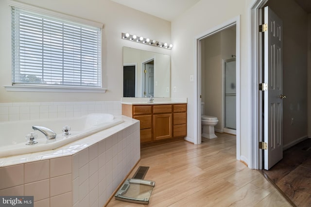 bathroom featuring vanity, a garden tub, wood finished floors, and a shower stall