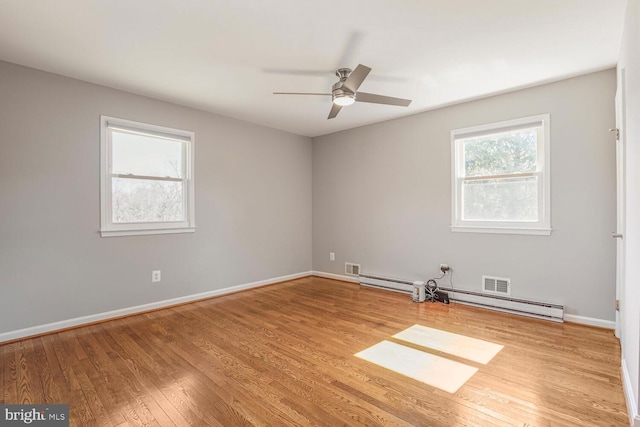 empty room featuring wood finished floors, visible vents, baseboards, ceiling fan, and a baseboard heating unit