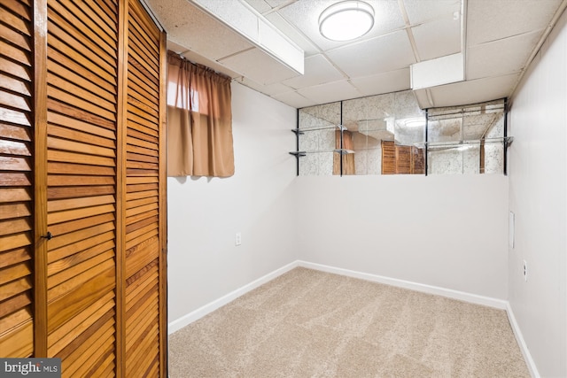 empty room with carpet flooring, baseboards, and a drop ceiling