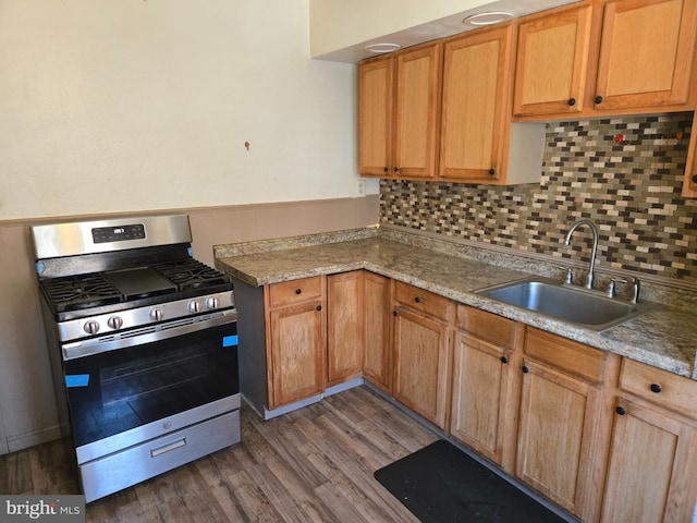 kitchen featuring a sink, backsplash, wood finished floors, gas stove, and a peninsula